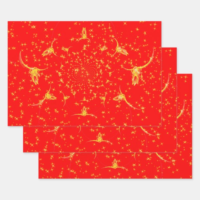 Christmas Western Glitter Red Gold Girly Cow Skull Wrapping Paper Sheet (Set)