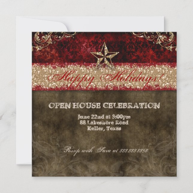 Christmas Western Vintage Photocard Damask Star Invitation (Front)