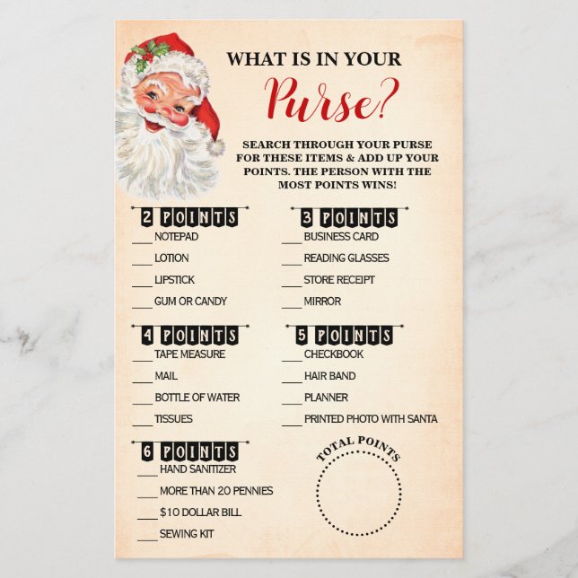 Christmas What is in your Purse Santa Game Card (Front)