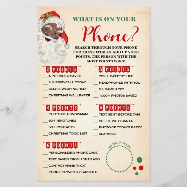 Christmas What is on your Phone Santa Game Card (Front)
