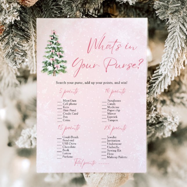 Christmas What's In Your Purse Baby Shower Game Invitation (Pink Bows Christmas What's In Your Purse Baby Shower Game)