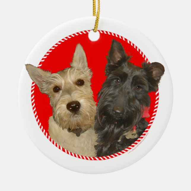 Christmas Wheaten & Black Scotties Ceramic Tree Decoration (Front)