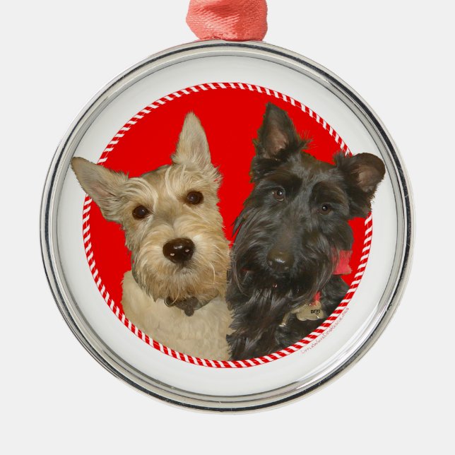 Christmas Wheaten & Black Scotties Metal Tree Decoration (Front)