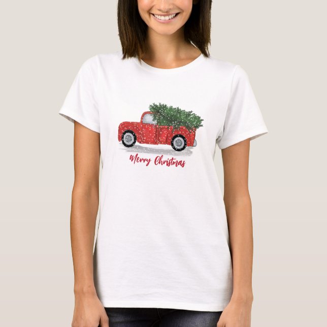 Christmas Whimsical Calligraphy Rustic Red Truck T-Shirt (Front)
