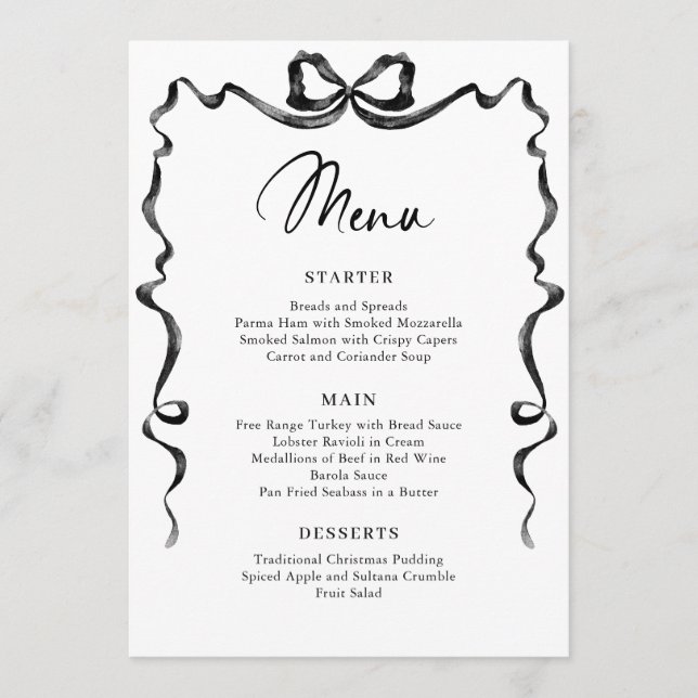 Christmas Whimsical Funky Black Bow Dinner Party Menu (Front)