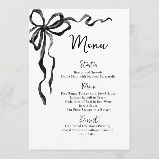 Christmas Whimsical Funky Black Bow Dinner Party Menu (Front)