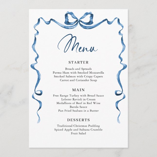 Christmas Whimsical Funky Blue Bow Dinner Party Menu (Front)