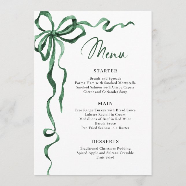 Christmas Whimsical Funky Green Bow Dinner Party Menu (Front)