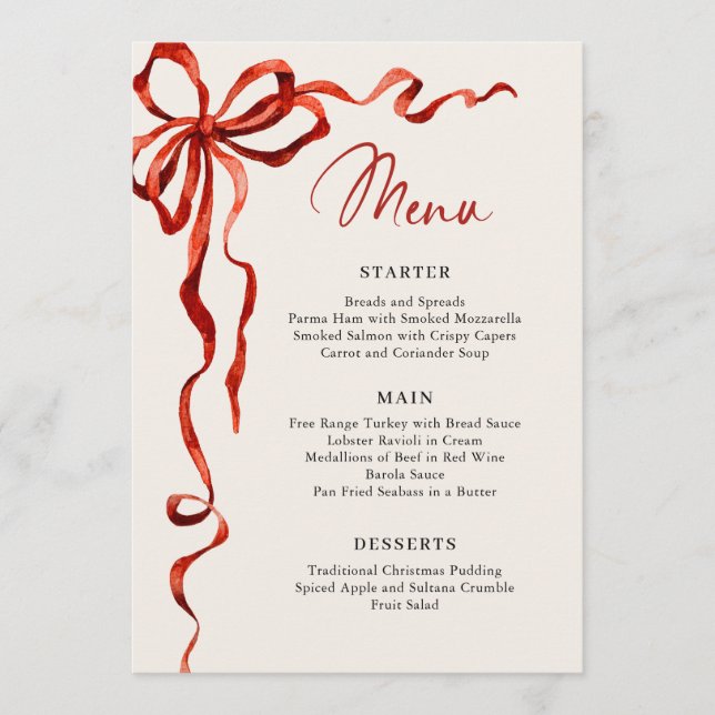 Christmas Whimsical Funky Red Bow Dinner Party Menu (Front)