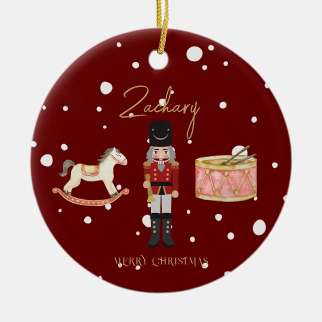 Christmas Whimsical Nutcracker Santa Kids Name Ceramic Tree Decoration (Front)