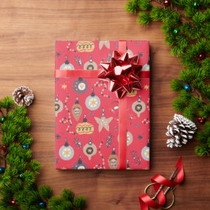 Christmas - Whimsical Ornaments on Red Wrapping Paper