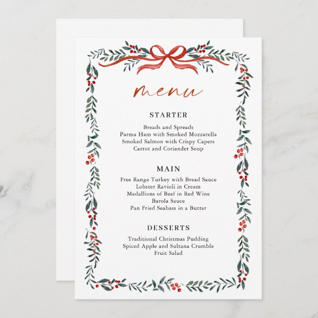 Christmas Whimsical Red Bow Wreath Dinner Party Menu (Front/Back)