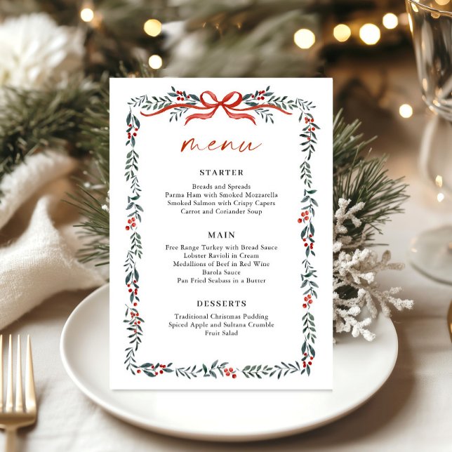 Christmas Whimsical Red Bow Wreath Dinner Party Menu (Creator Uploaded)