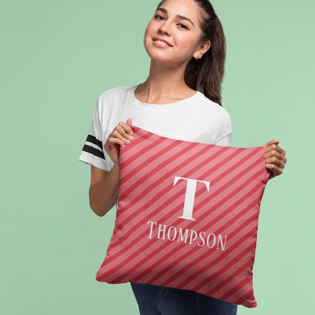 Christmas Whimsical Red Stripes Monogram Holiday Cushion (Christmas Whimsical Red Stripes Monogram Family Throw Pillow. )