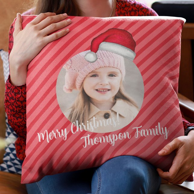 Christmas Whimsical Red Stripes Santa Photo Cushion (Cute Merry Christmas Santa Hat Photo Pillow)
