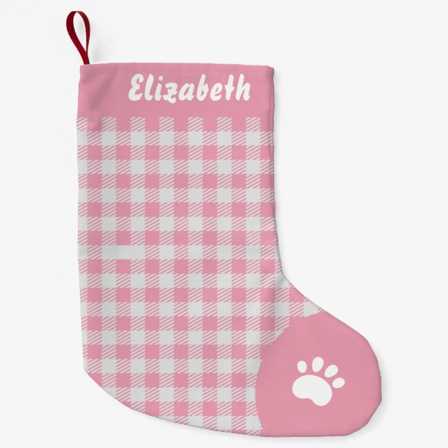 Christmas White and Pink Buffalo Plaid Custom Small Christmas Stocking (Front)