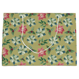 Christmas White and Red Poinsettia, Holly Berry  Large Gift Bag