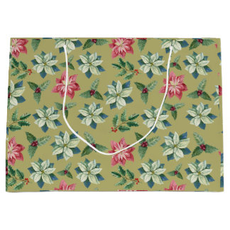 Christmas White and Red Poinsettia, Holly Berry  Large Gift Bag