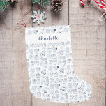 Christmas white blue knitted winter wear small christmas stocking<br><div class="desc">White background with a pattern in blue of knitted mittens,  socks and beanies.  Personalise and add a name.</div>
