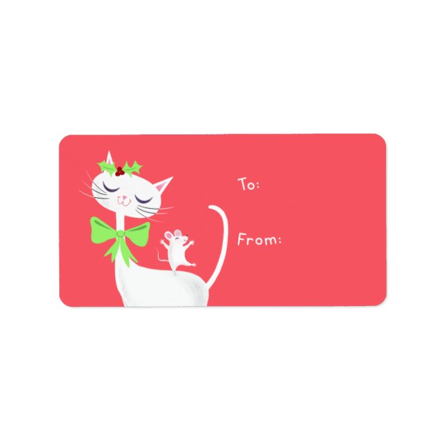 Christmas White Cat and Mouse Sticker Gift Tag (Front)
