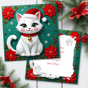 Christmas White Cat in Santa Hat Holiday Card