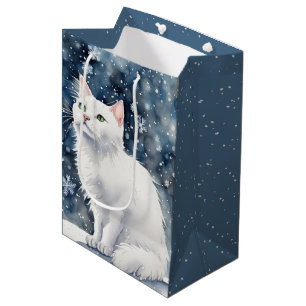 Christmas White Cat In Snowflakes Medium Gift Bag