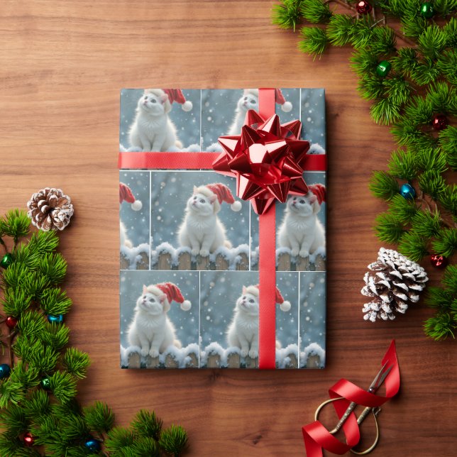 Christmas White Cat Wearing a Santa Hat Wrapping Paper (Holiday Gift)