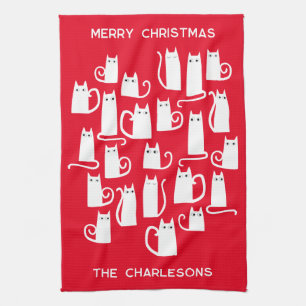 Christmas White Cats Personalised Name Tea Towel