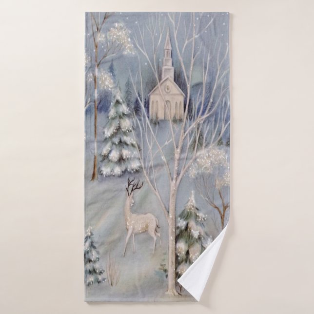 Christmas White Church Deer Sparkling Snow Bath Towel Set (Bath Towel)