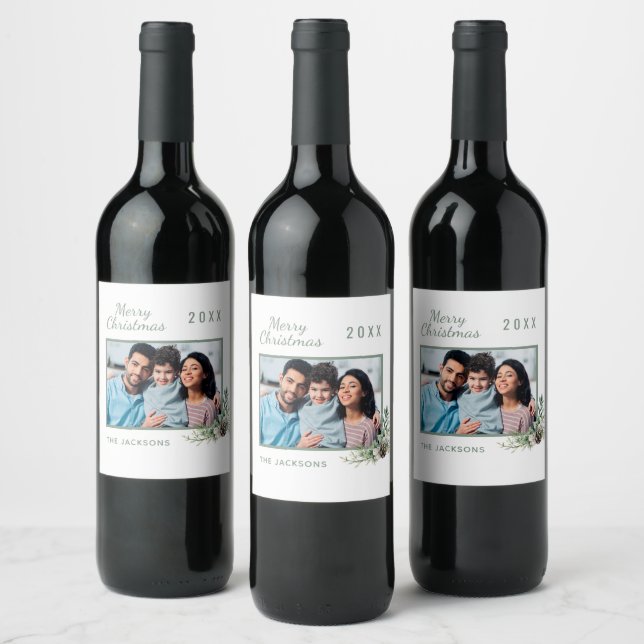 Christmas white cone pine photo family wine label (Bottles)