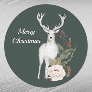 Christmas White Deer Floral Watercolor Classic Round Sticker
