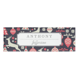 Christmas White Deers and Trees on Blue Pattern Name Tag