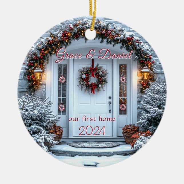 Christmas White Door Wreath "our first home" Ceramic Tree Decoration (Front)