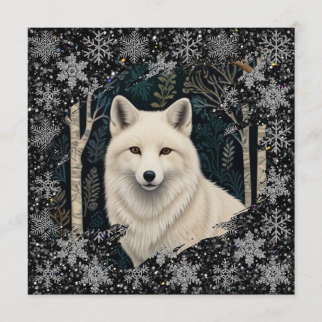 Christmas white fox white wolf sparkling snowflake invitation (Front)