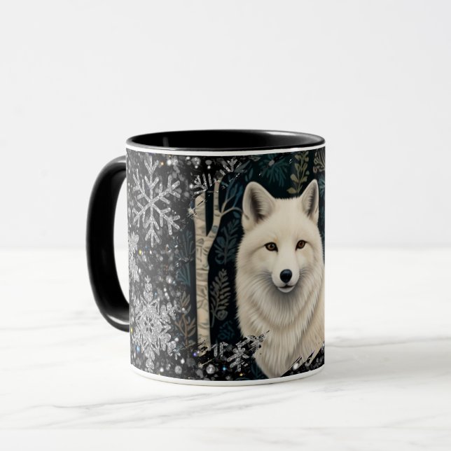 Christmas white fox white wolf sparkling snowflake mug (Front Left)