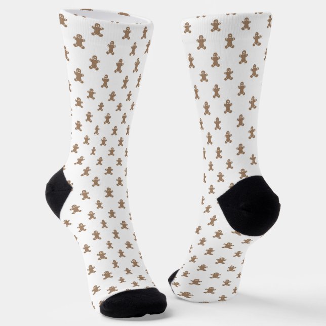 Christmas white gold cute gingerbread man pattern socks (Angled)