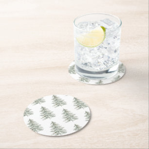 Christmas White Green Trees Round Paper Coaster