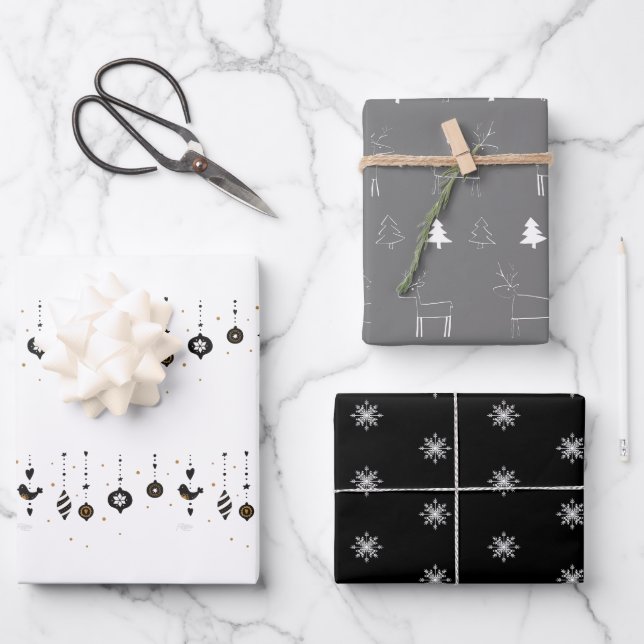 Christmas White Grey and Black Woodlands Animals Wrapping Paper Sheet (Front)
