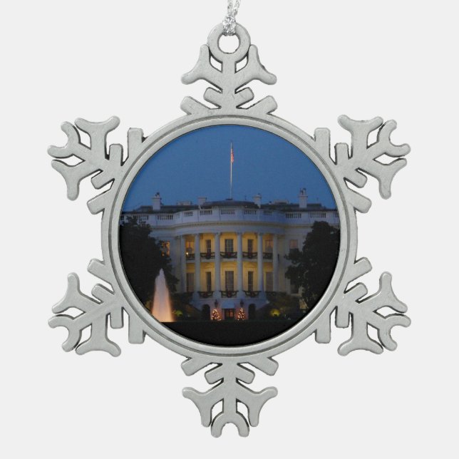 Christmas White House at Night in Washington DC Snowflake Pewter Christmas Ornament (Front)