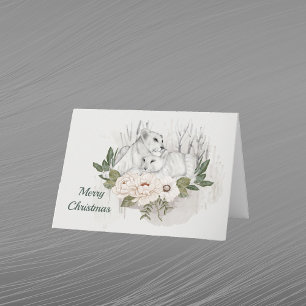 Christmas White Lions Floral Watercolor Holiday Card