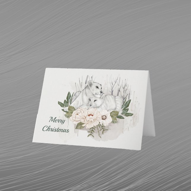 Christmas White Lions Floral Watercolor Holiday Card (Creator Uploaded)