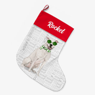 Christmas White Pit Bull with Dog's Name Large Christmas Stocking