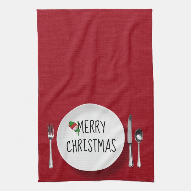 Christmas White Plate and Silverware Kitchen Towel (Vertical)