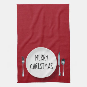 Christmas White Plate and Silverware Kitchen Towel