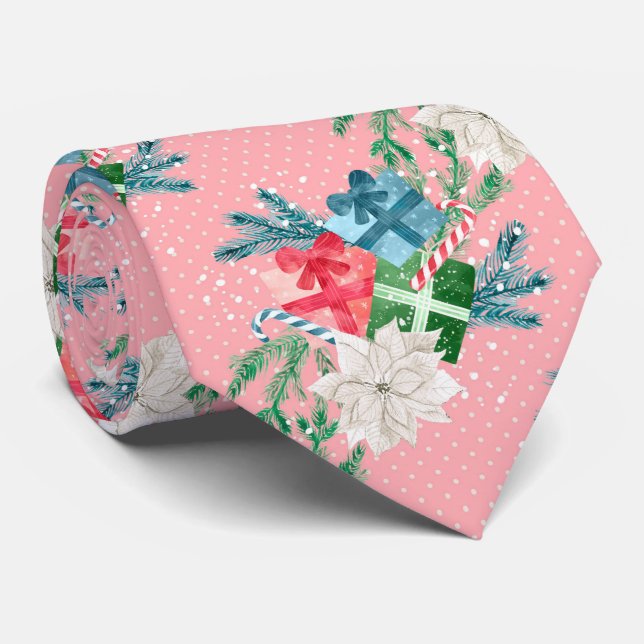 Christmas White Poinsettia and Gift Boxes Neck Tie (Rolled)