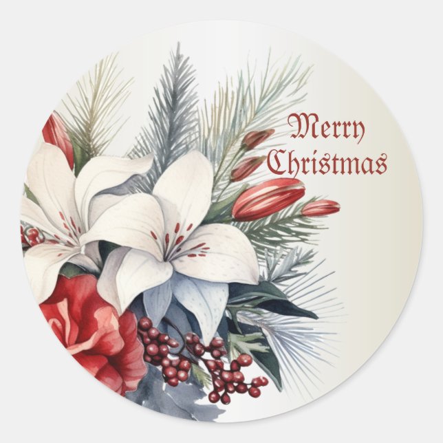Christmas White Red Flowers Holidays Elegant Classic Round Sticker (Front)