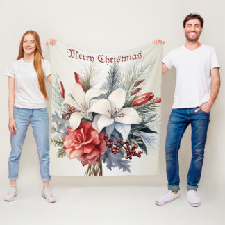 Christmas White Red Flowers Holidays Elegant Fleece Blanket