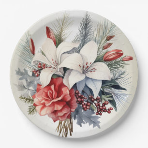 Christmas White Red Flowers Holidays Elegant Paper Plate