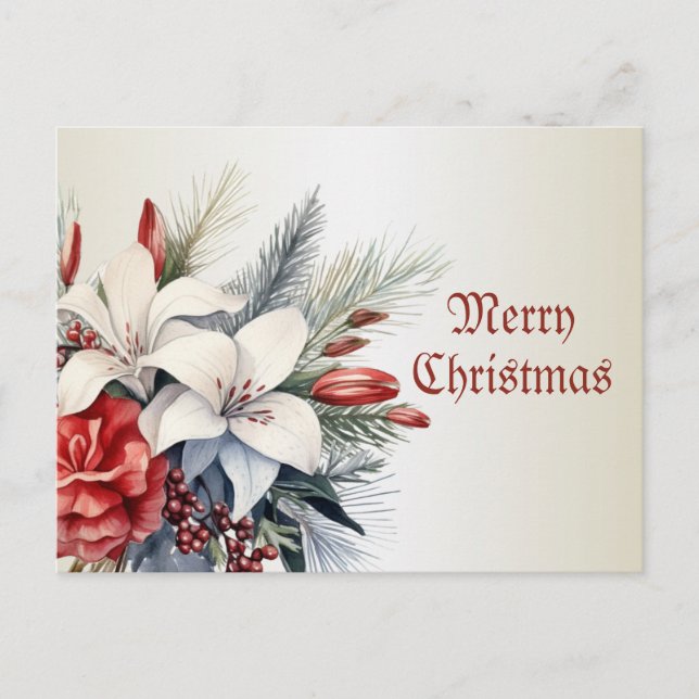 Christmas White Red Flowers Holidays Elegant Postcard (Front)