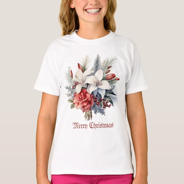 Christmas White Red Flowers Holidays Elegant T-Shirt (Front)